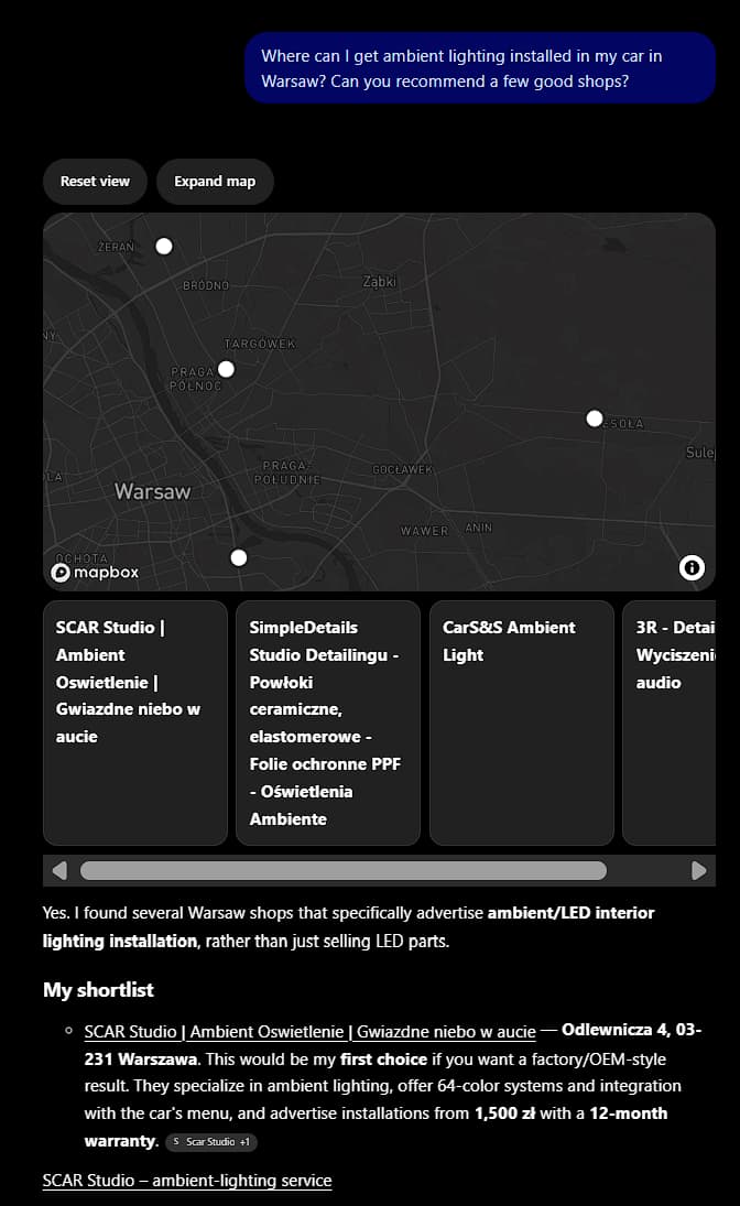 ChatGPT рекомендує Scar Studio першою для встановлення ambient lighting у Варшаві
