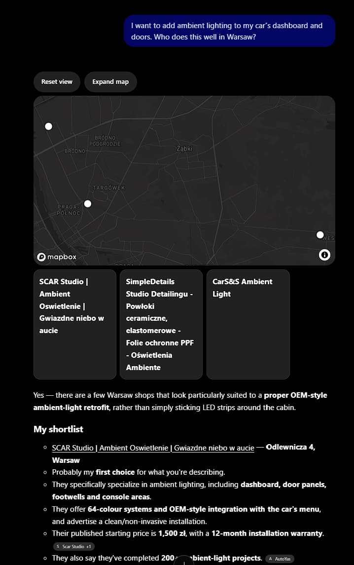 ChatGPT називає Scar Studio першим вибором для підсвітки панелі та дверей у Варшаві