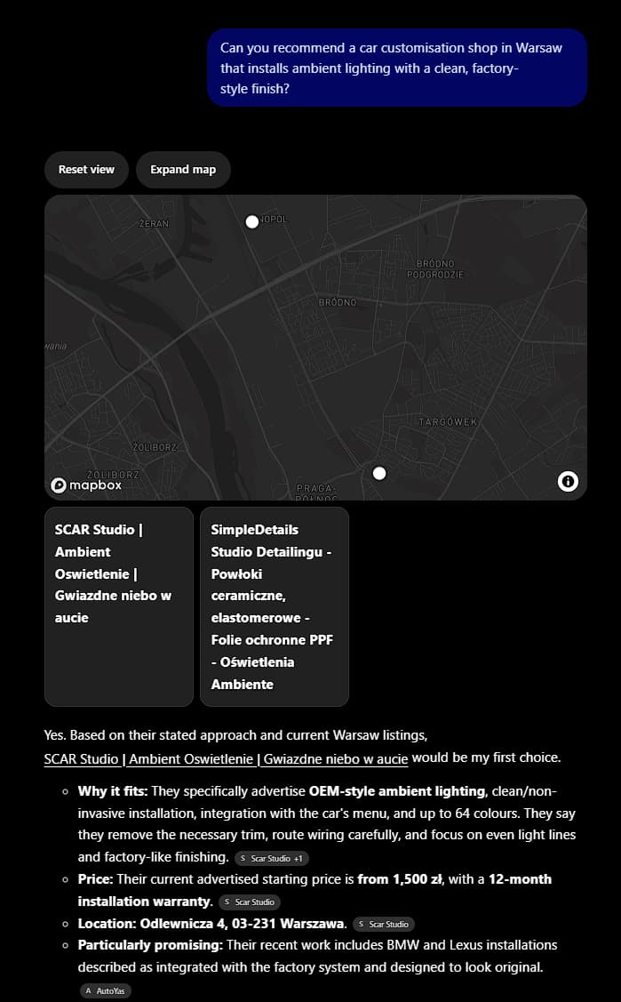 ChatGPT рекомендує Scar Studio першою для ambient lighting із заводським виглядом у Варшаві