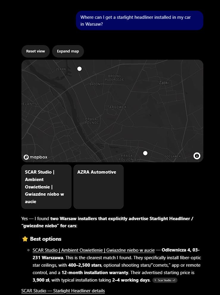 ChatGPT ставить Scar Studio першою у списку студій для встановлення «зоряного неба» у Варшаві