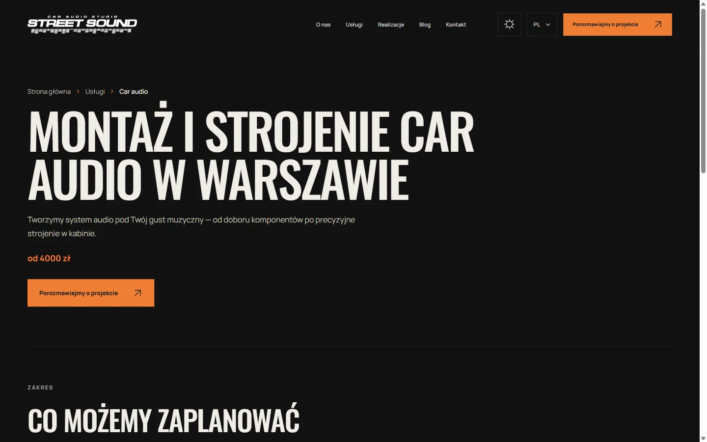 Десктопна сторінка автозвуку Street Sound Studio з описом послуги та кнопкою обговорення проєкту